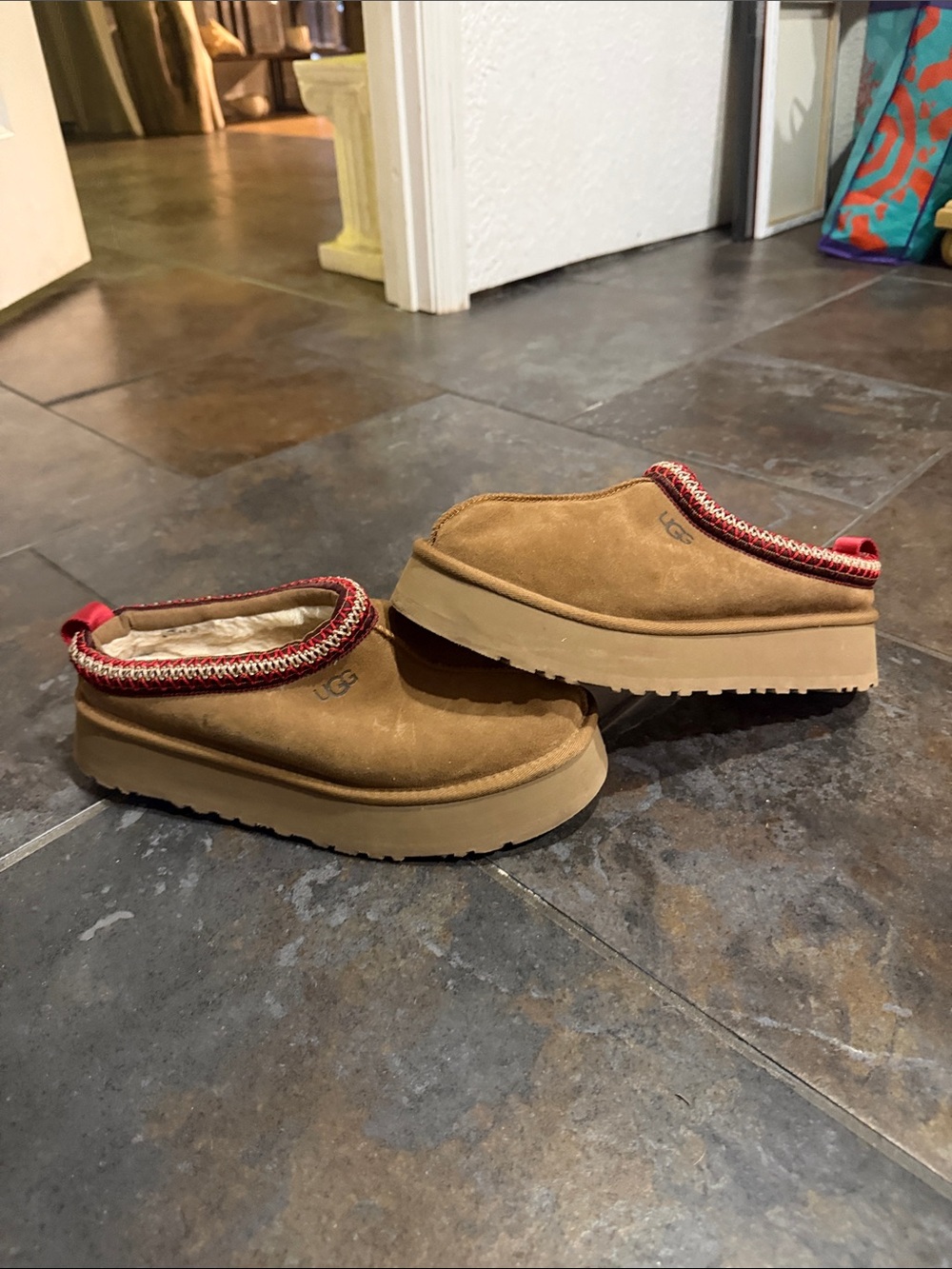 UGG Chestnut Suede Slip-On Shearling Mules with Red Trim